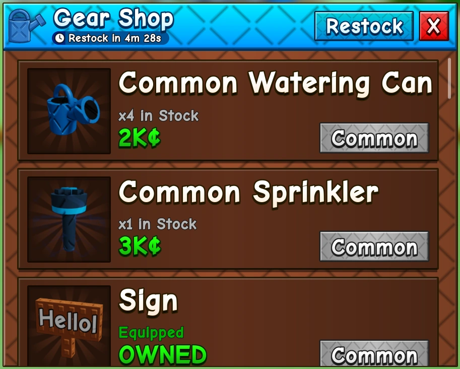 Grow a Garden 2 Gear Shop interface image from the wiki