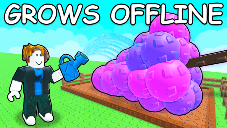 Grow a Garden 2 Roblox thumbnail showing garden plots, crops, and offline growth